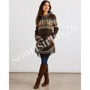 Kactus Artesanias Peruvian Handmade Wool Hooded Fringe Sweater Tunic S/M Boho